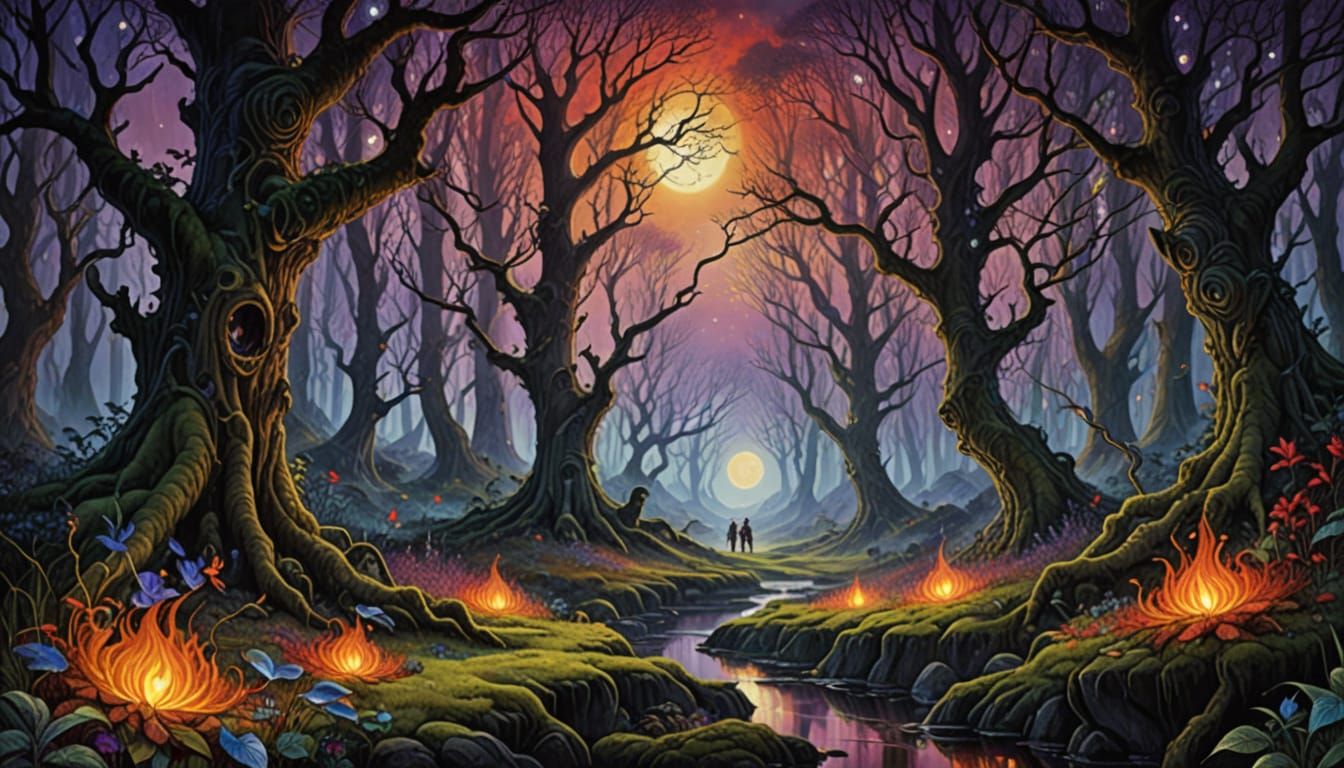 Surreal Forest Garden with Glowing Eyes Under Aurora Moonsca...