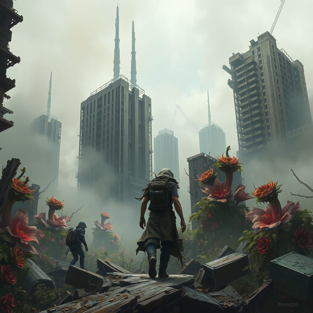 Post-Apocalyptic Cityscape with Vibrant Flora