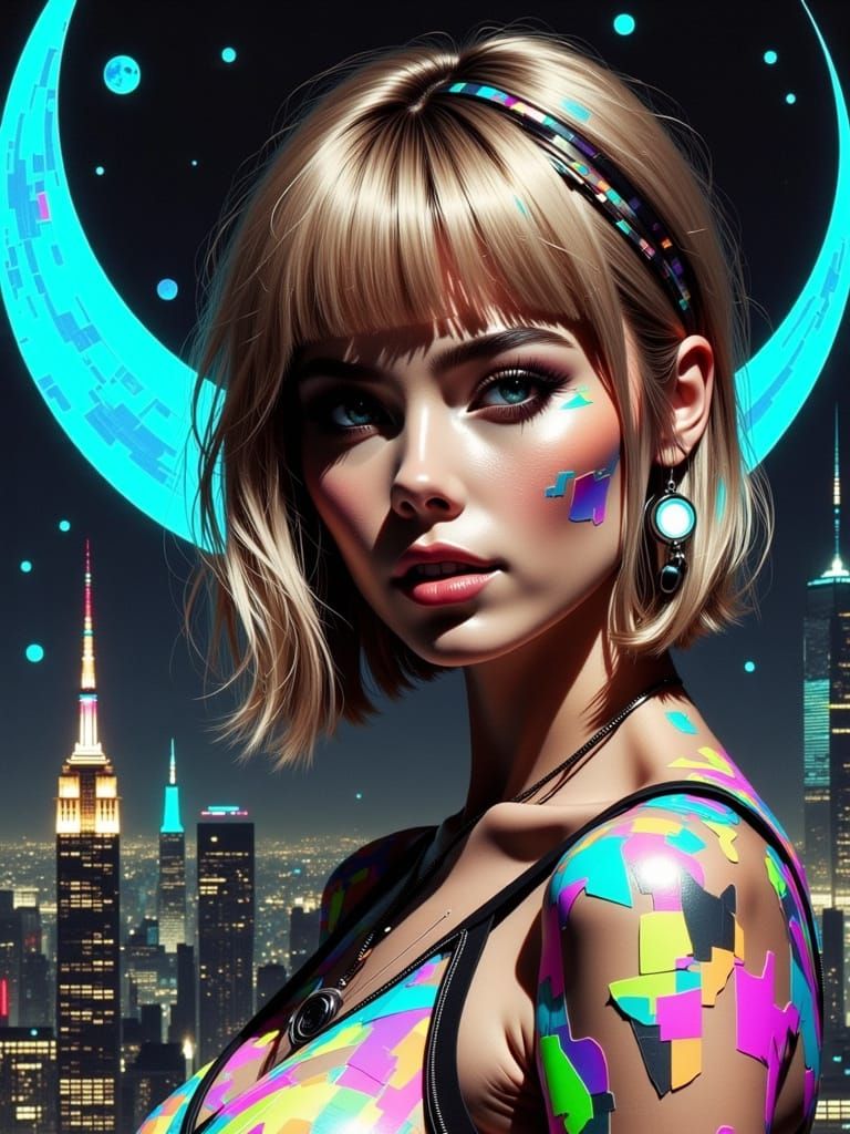 Hyper-Realistic Glitch Art Goddess in Futuristic Metropolis