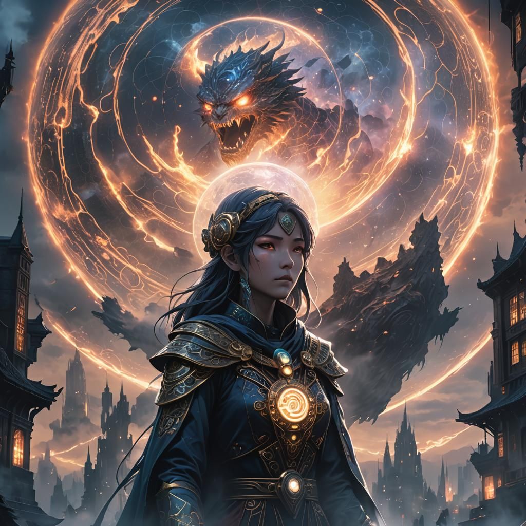 Oracle Woman Contemplates Cosmic Prophecy in Mystic Fog