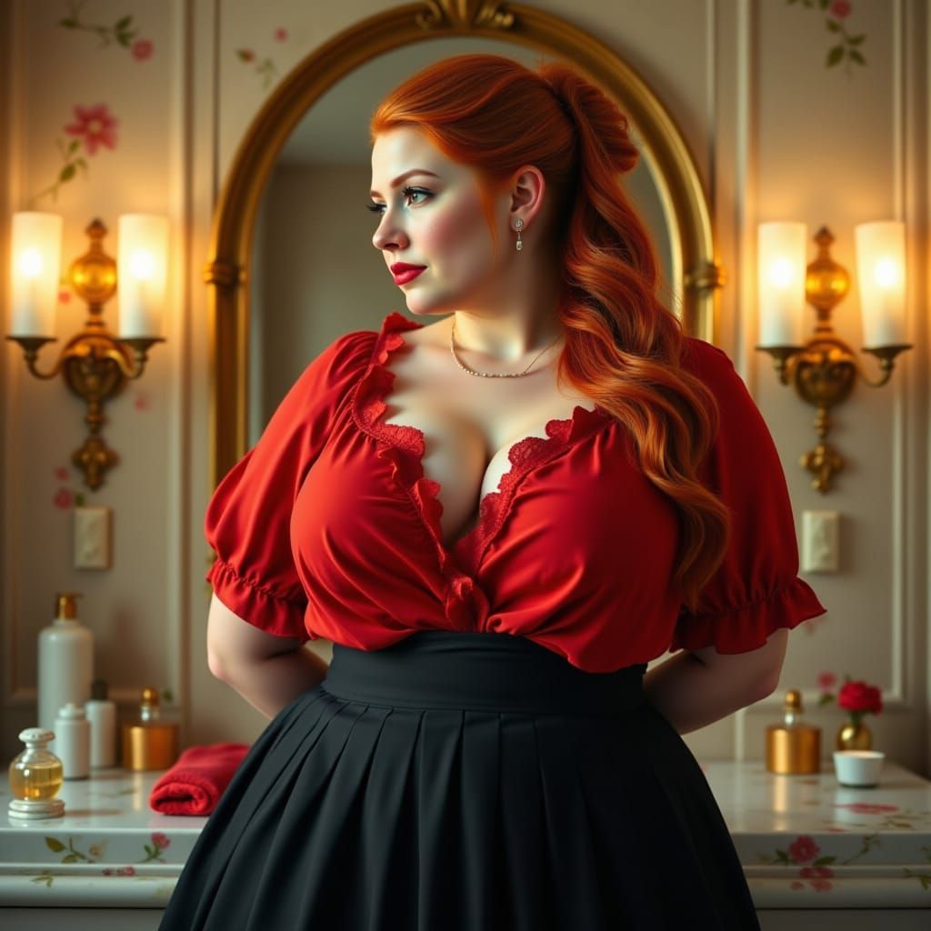 Ginger-Haired Woman Applying Lipstick, Art Nouveau Style