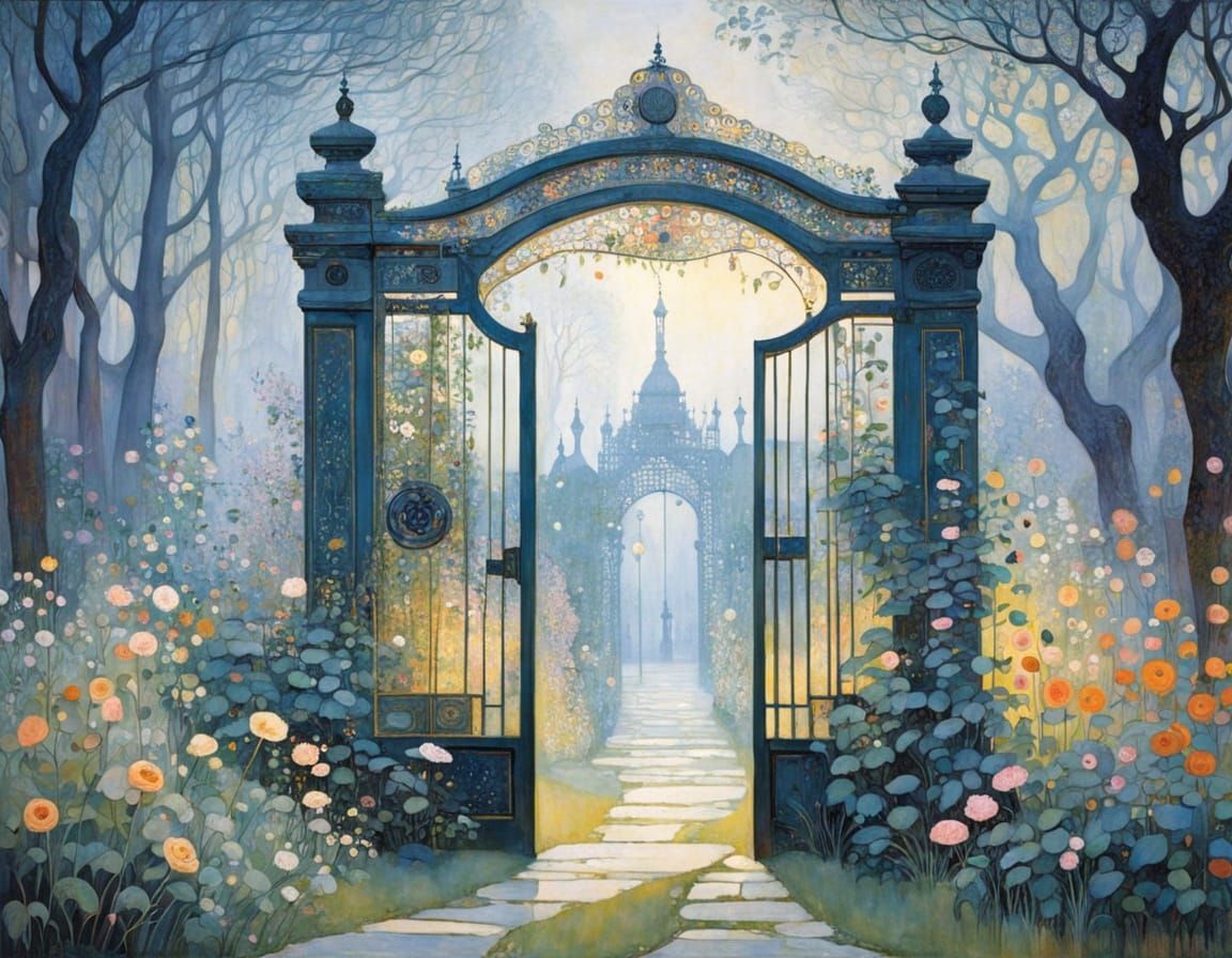 Garden Gate in Opulent Evening Haze, Inspired by Art Nouveau