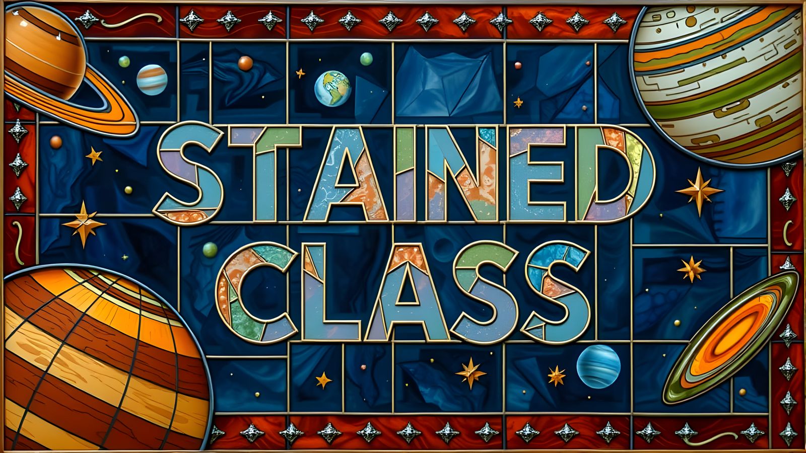 Cosmic Stained Glass Masterpiece with Celestial Text