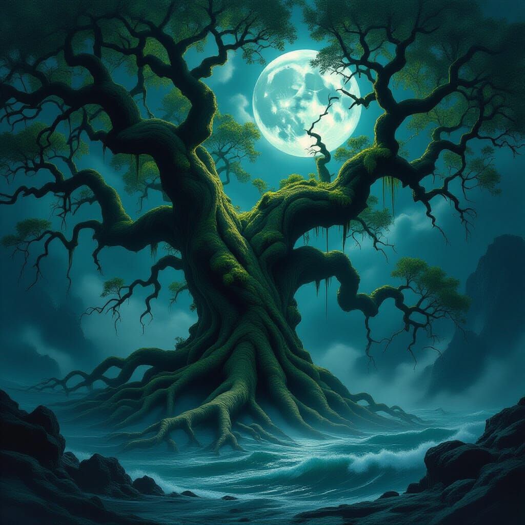 Ancient Tree Roots in Dark, Swirling Sea