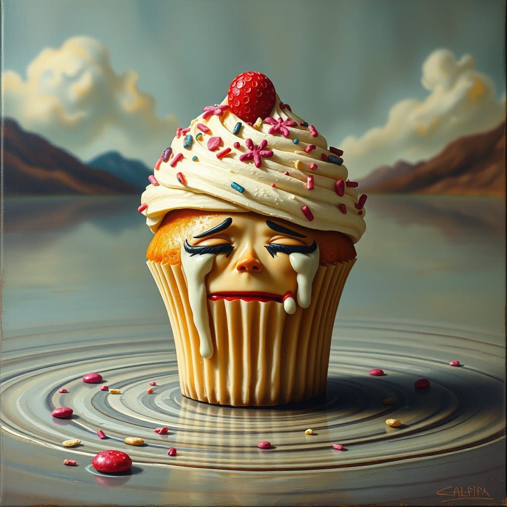 Shattered Sweetheart: A Surreal Cupcake in Despair