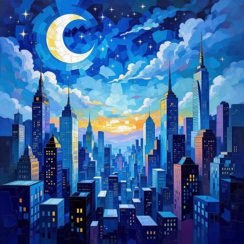 Expressionist Twilight Cityscape of Moonlight Buildings