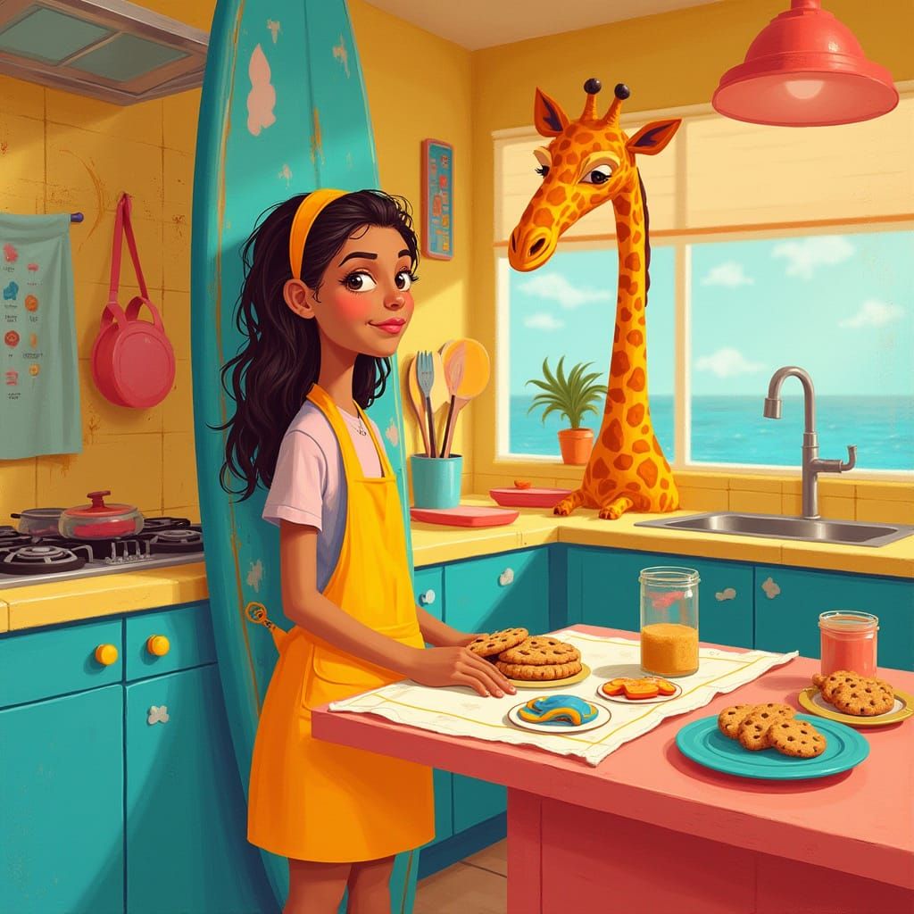 Surfer Girl Bakes Cookies for Giraffe: Whimsical Art
