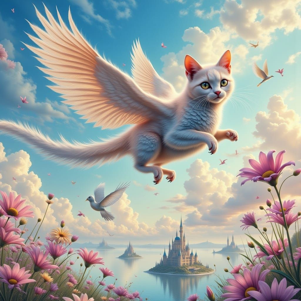 Iridescent Cat-Bird Soars Through Fantasy Sky