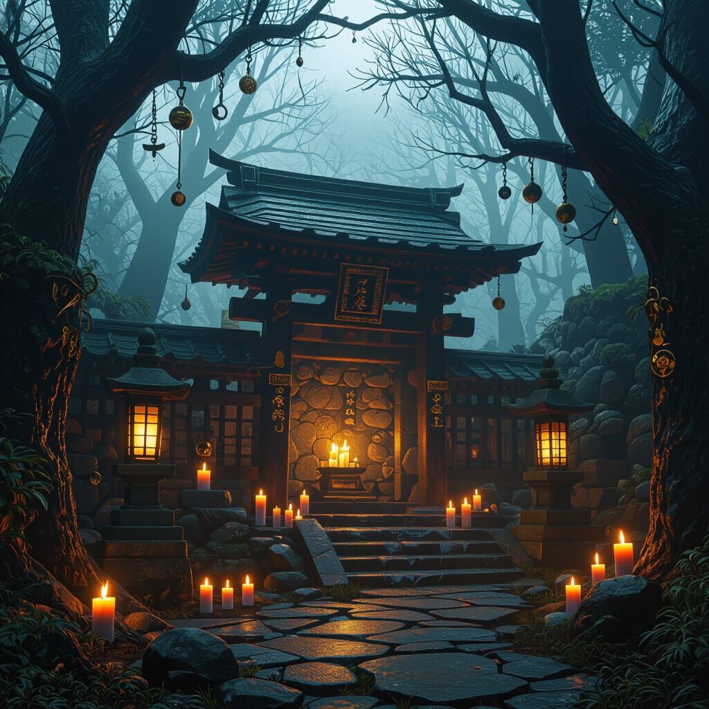 Mysterious Forest Shrine with Japanese & Western Elements