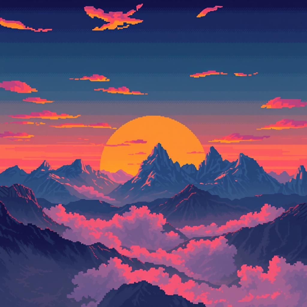 Pixelated Sunset Over the Dolomites in 8-bit Style