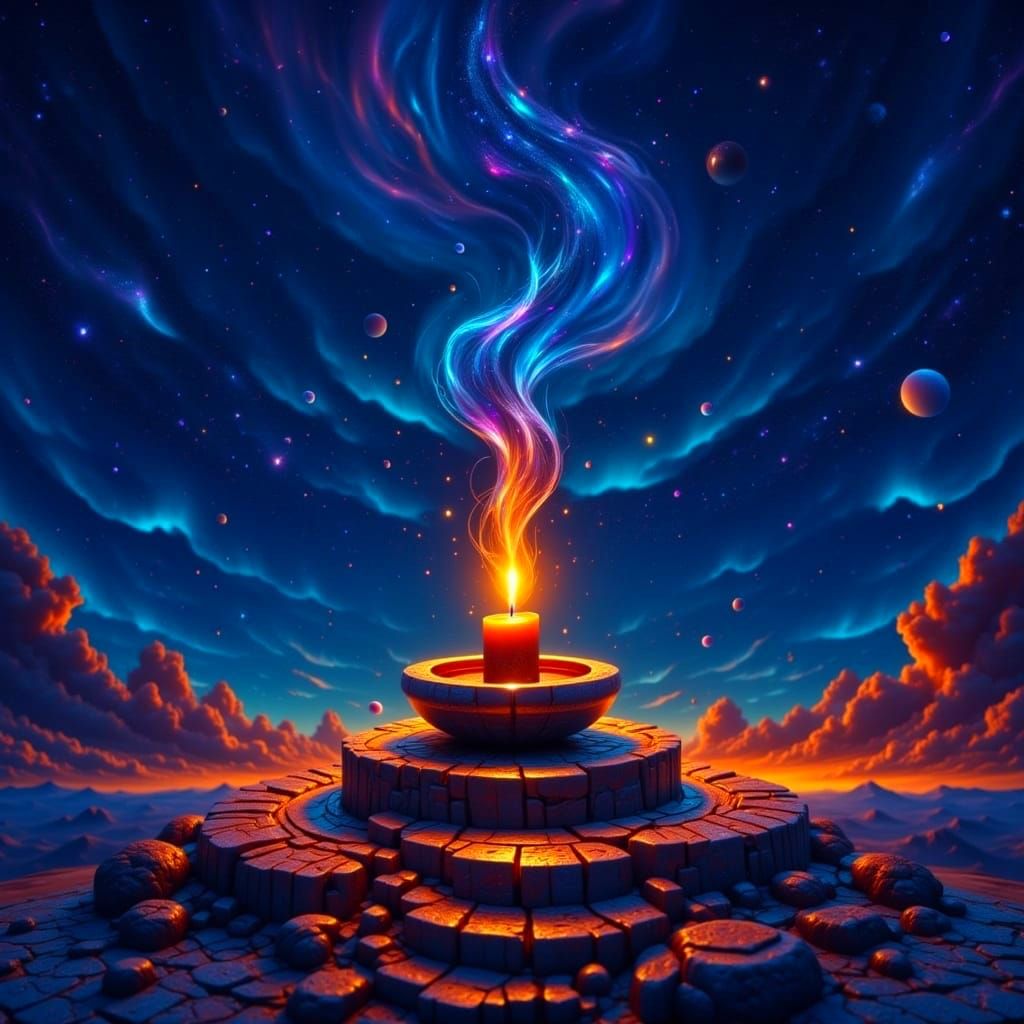 Ethereal Candlelit Scene in Cosmic Landscape
