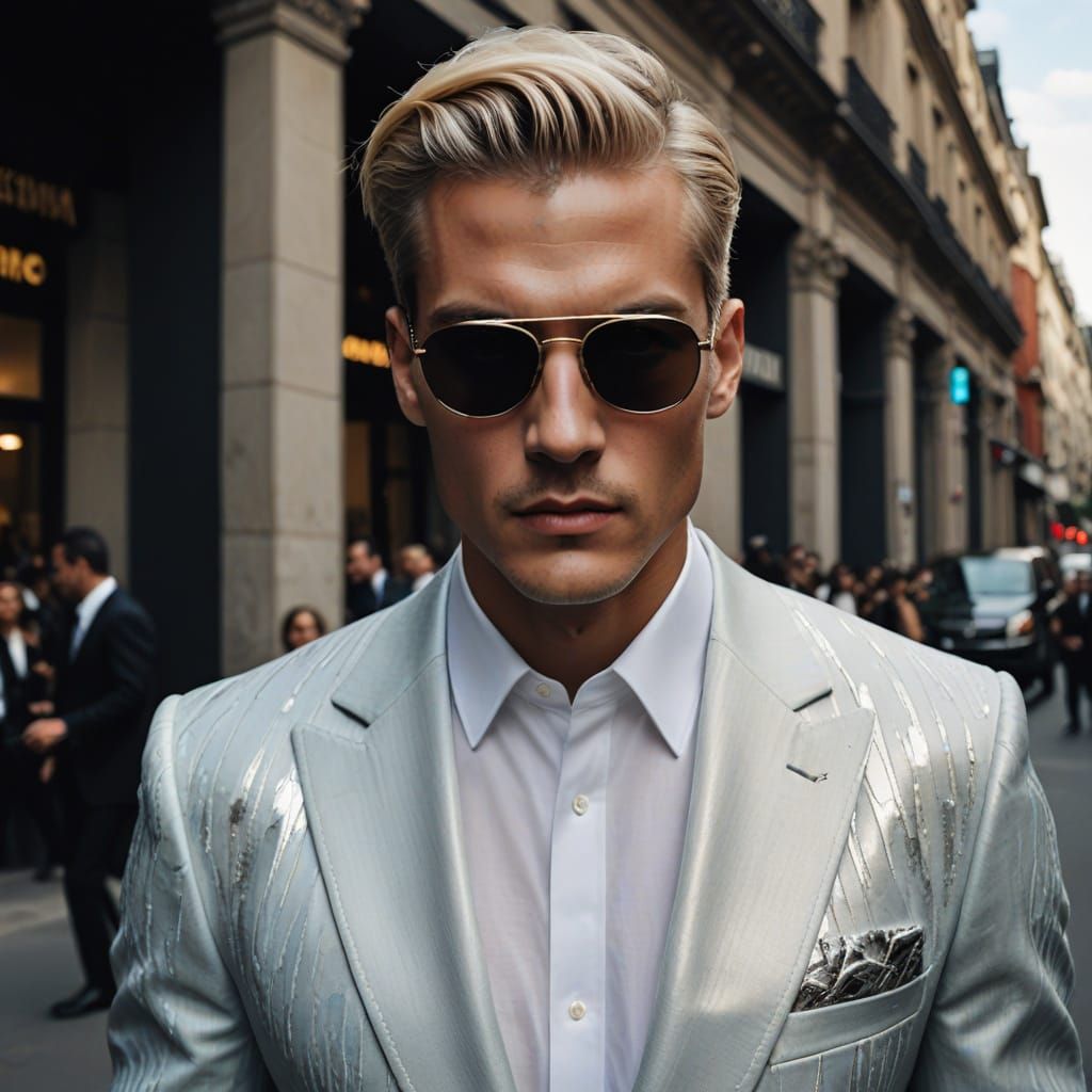 Luxury Fashion Icon in Platinum Blonde Hair and Sunglasses