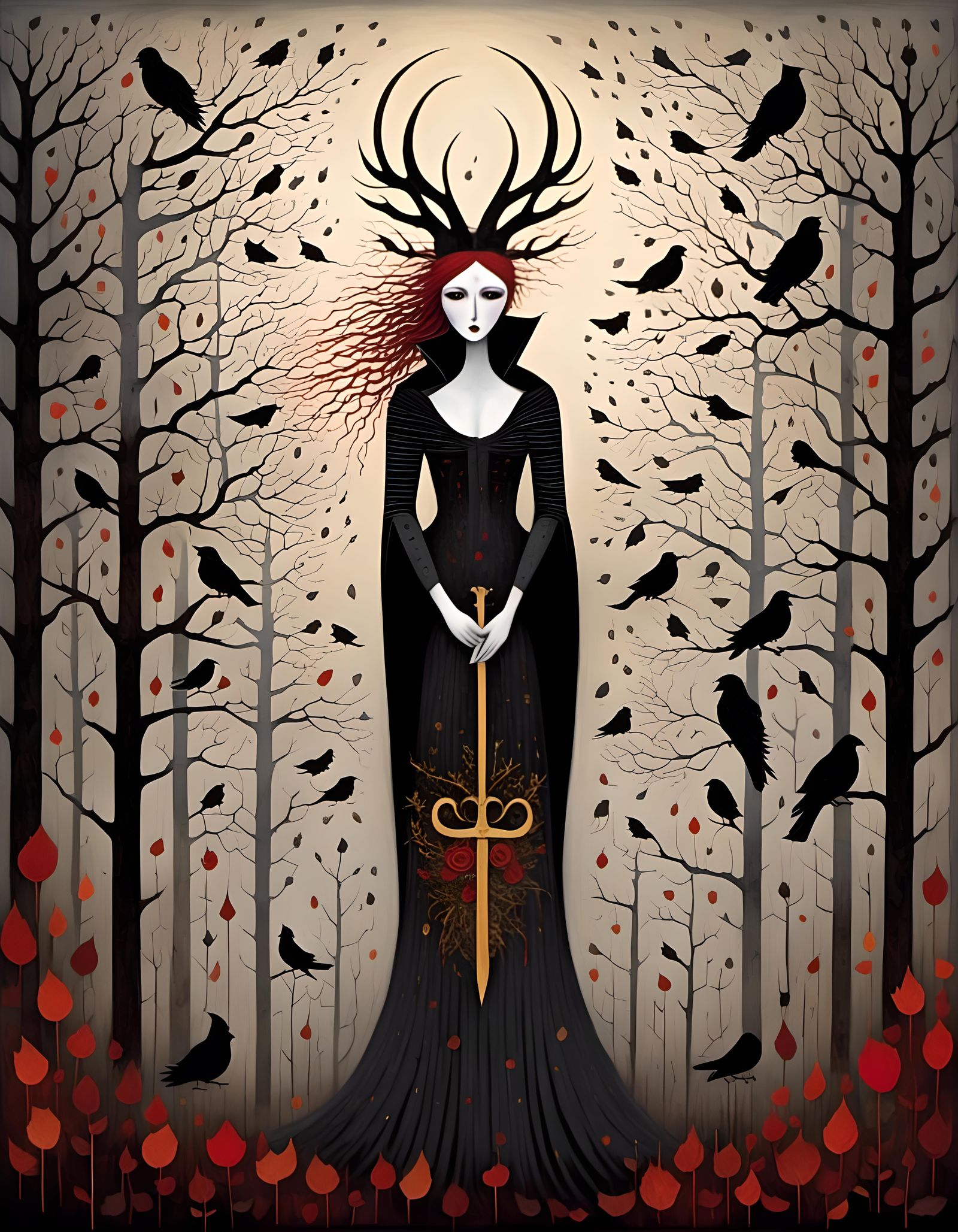 Gothic Pagan Woman with Ravens and Bonfire