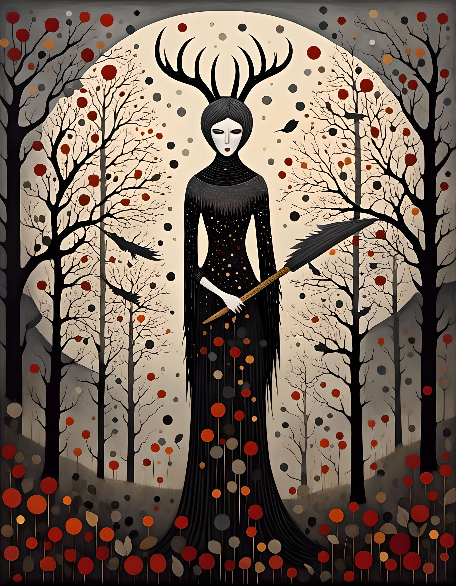 Gothic Pagan Woman with Dagger by Bonfire
