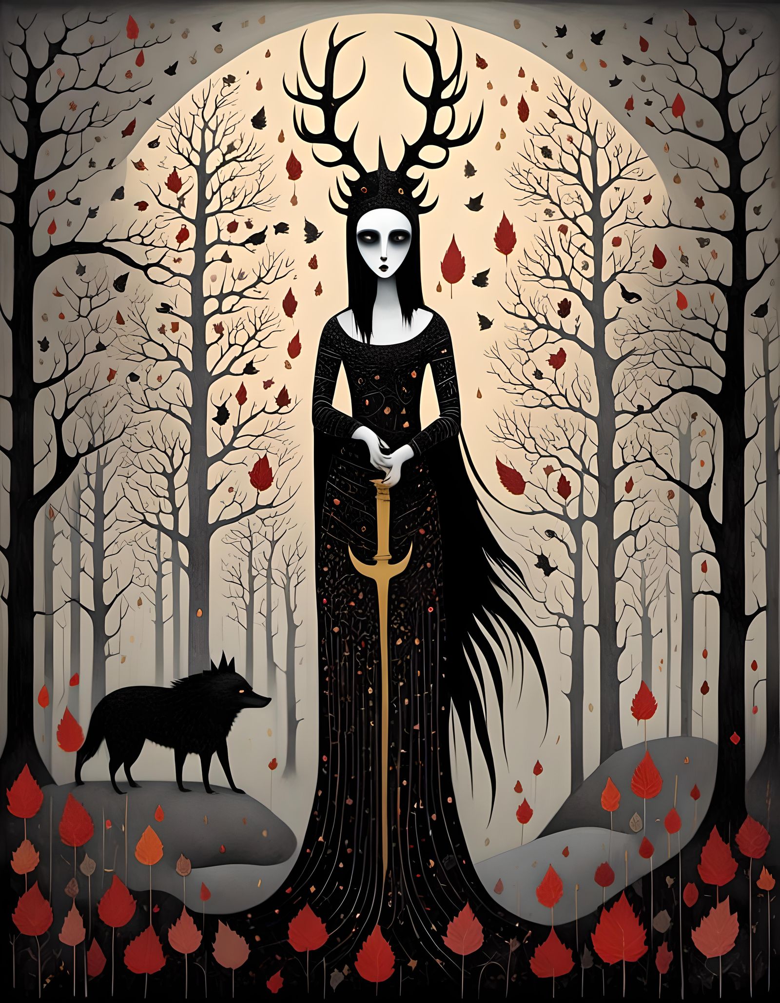 Gothic Pagan Woman with Dagger, Black and White