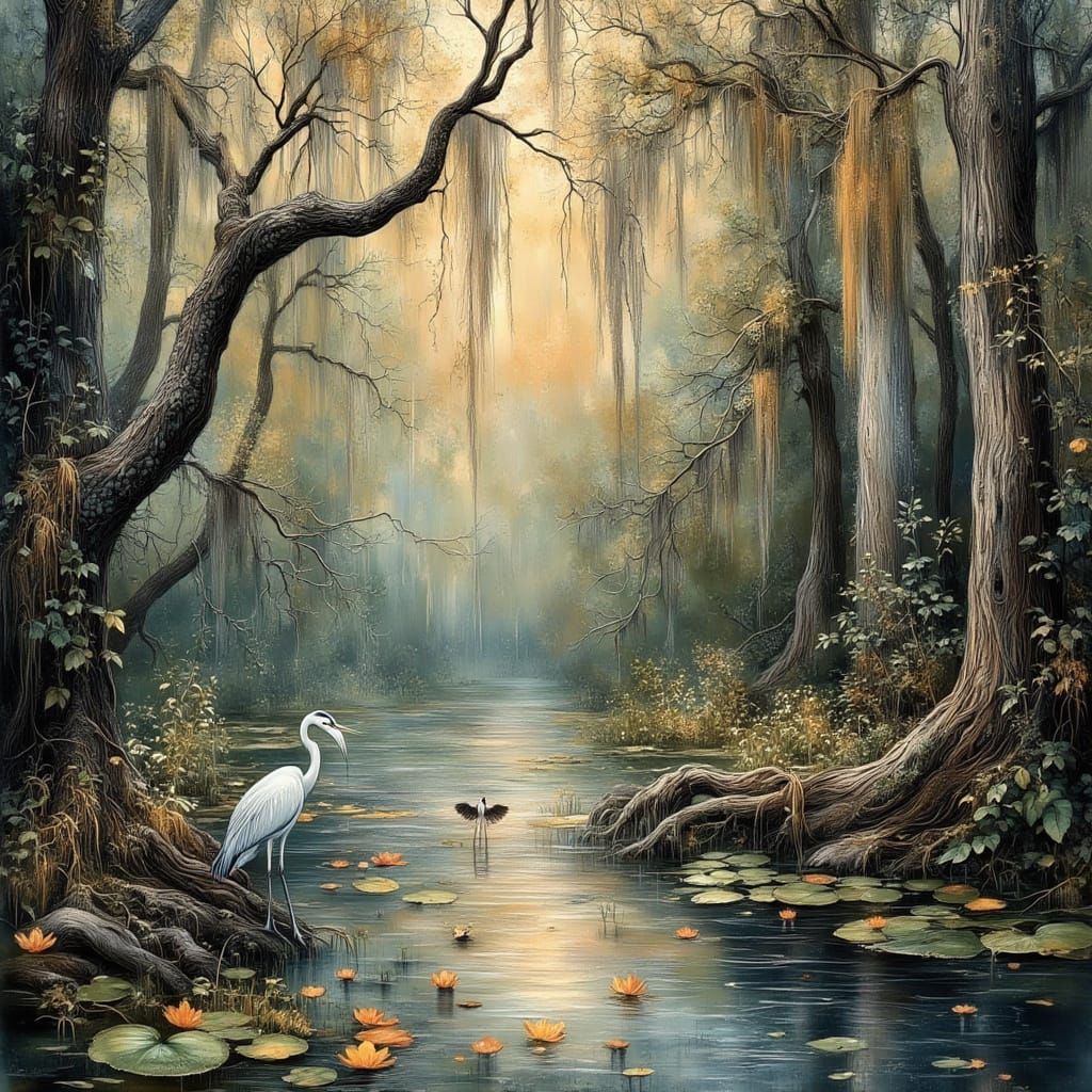 Dreamy Caddo Lake Bayou with Cypress Trees and Spanish Moss