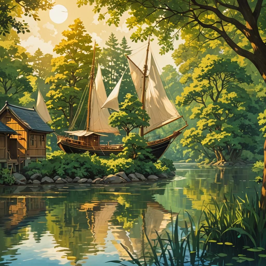 Majestic Sailboat Cruises Anime River Landscape