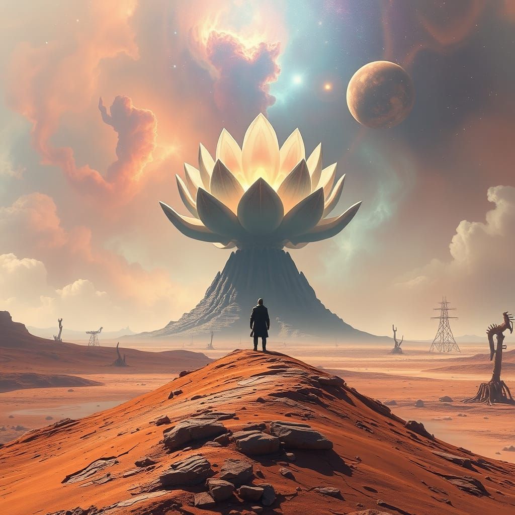 Alien Mesa Figure Gazes at Cosmic Lotus Nebula