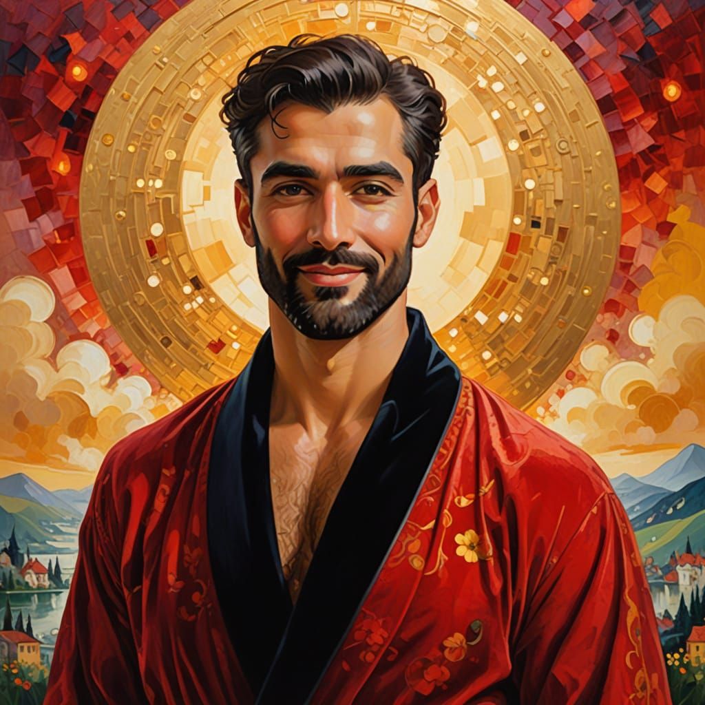 Handsome Man in Red Velvet Robe: Expressionist Painting