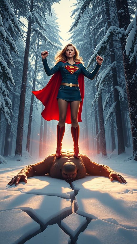 Superheroine Triumphs in Snowy Forest Battleground