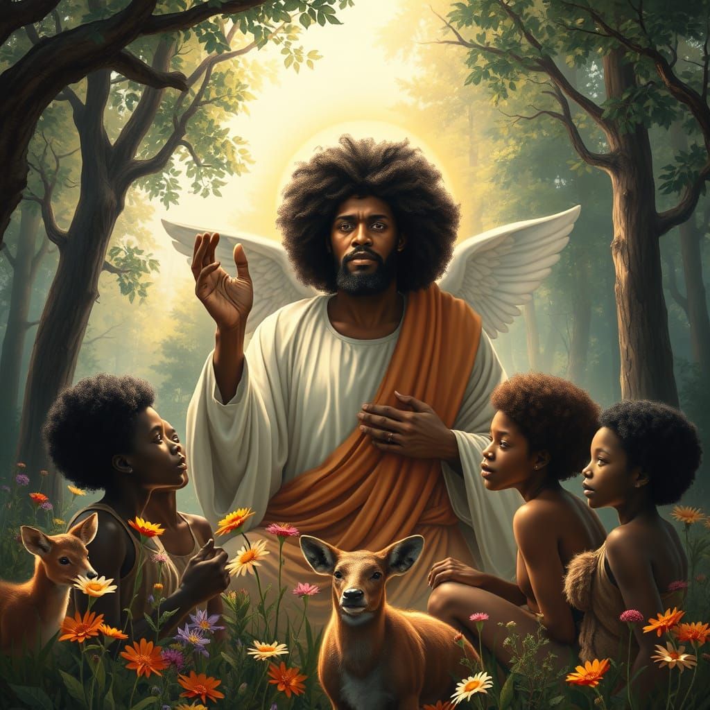 Divine Christ Figure Ministers to Black Youth in Sunlit Fore...