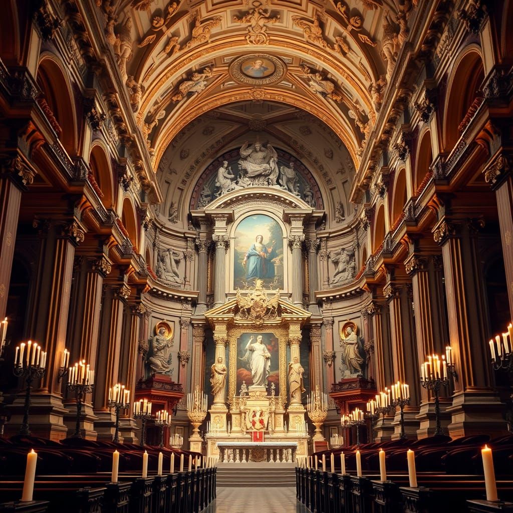 Elegant Baroque Church Interior with Ornate Altar and Sculpt...