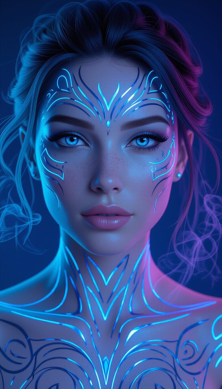 Cybernetic Woman with Bioluminescent Tattoos in 3D
