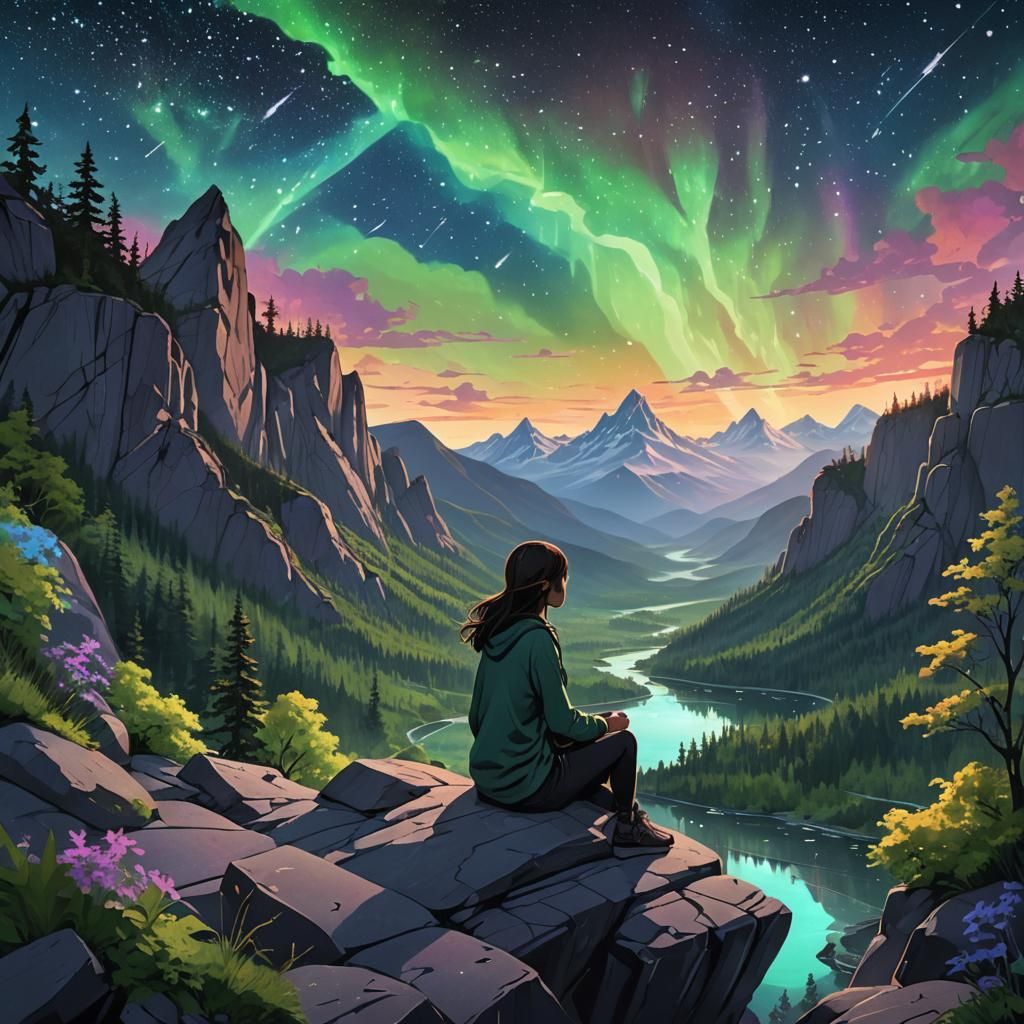 Dreamy Mountain Goddess Amidst Celestial Wonders