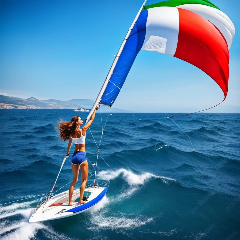 Italian Girl Sails Windswept Sea