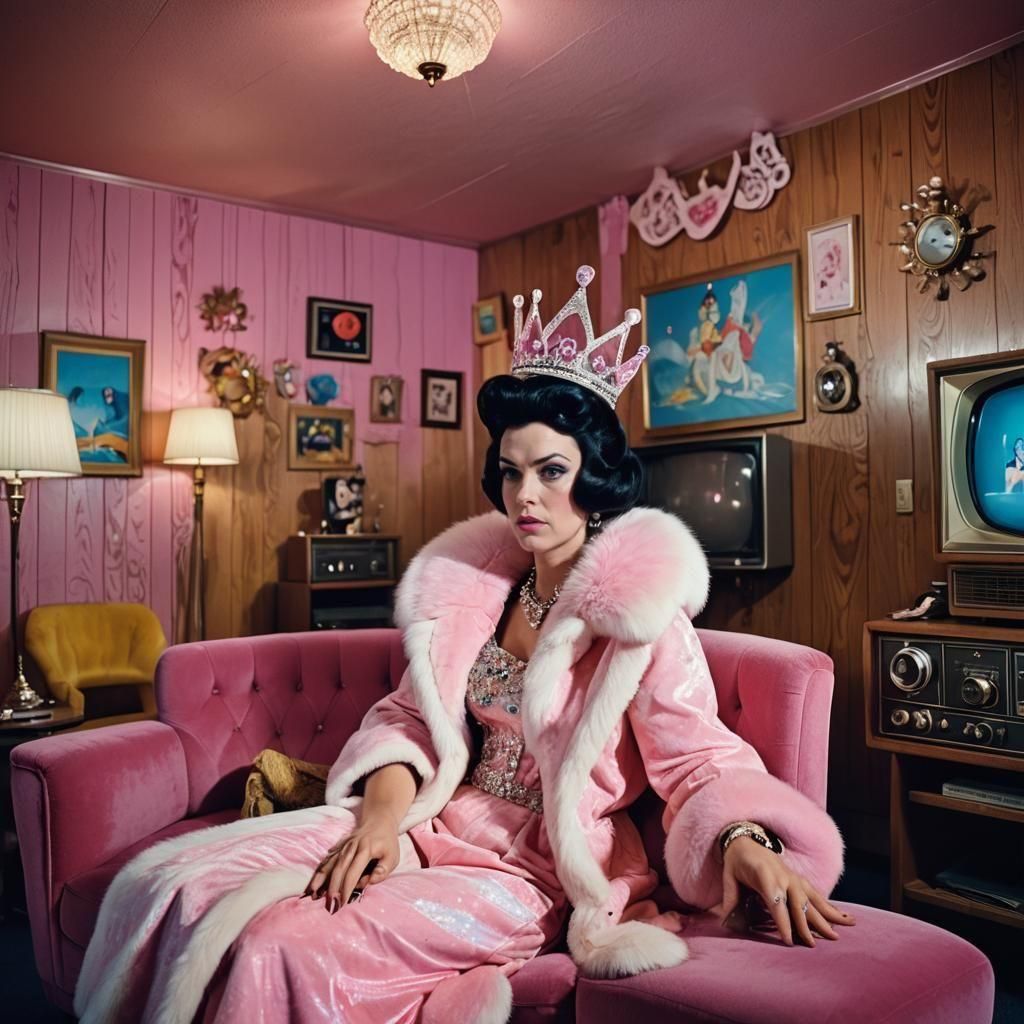 Glamorous Retro Space Queen Snow White in Moody 70s Hotel Sc...
