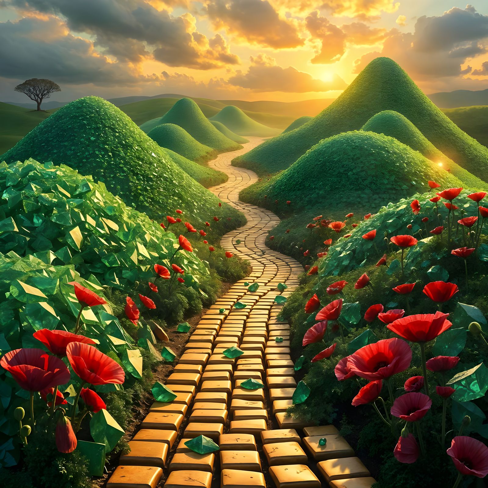 Emerald Treasures Divide the Golden Path in an Enchanted Oz....