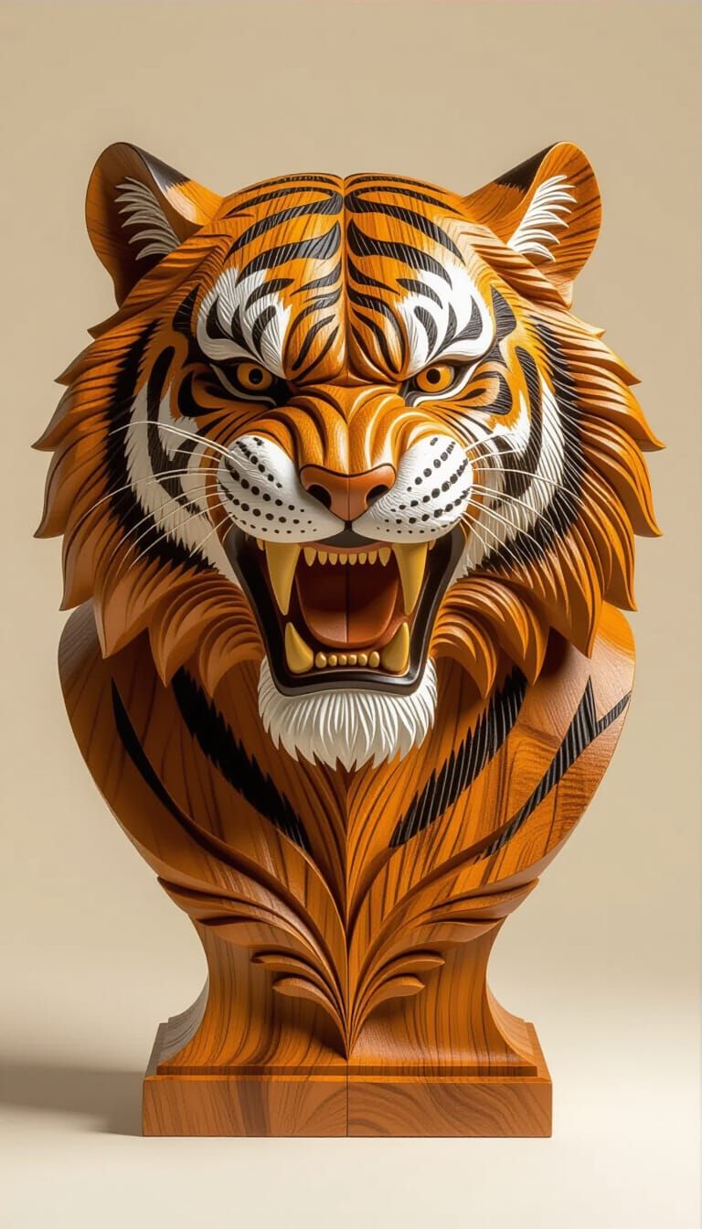 Teak Wood Tiger Bust with Flowing Fur Details