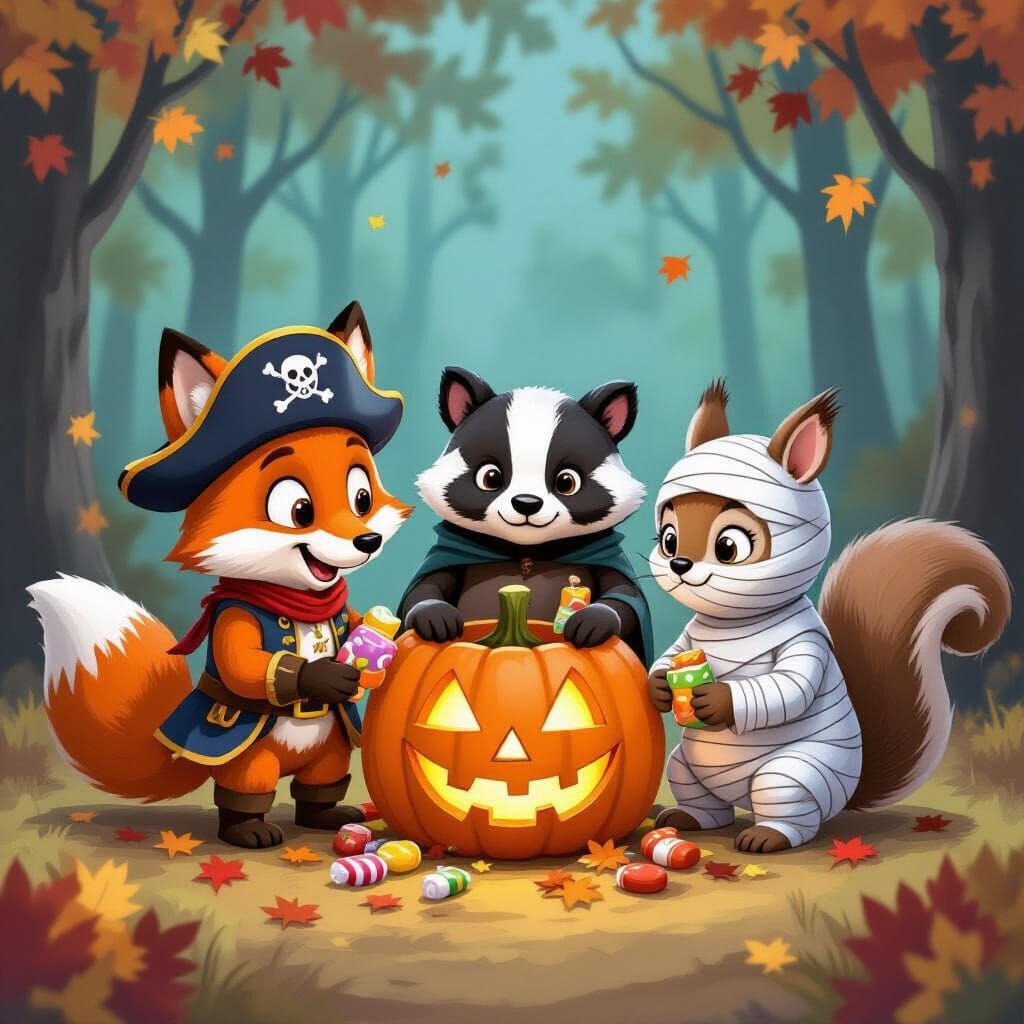 Playful Forest Animals in Halloween Costumes Sharing Candy