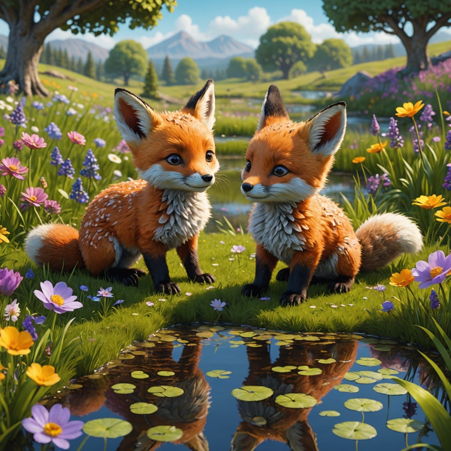 Whimsical Meadow Scene with Foxes and Bunnies in Vibrant Col...