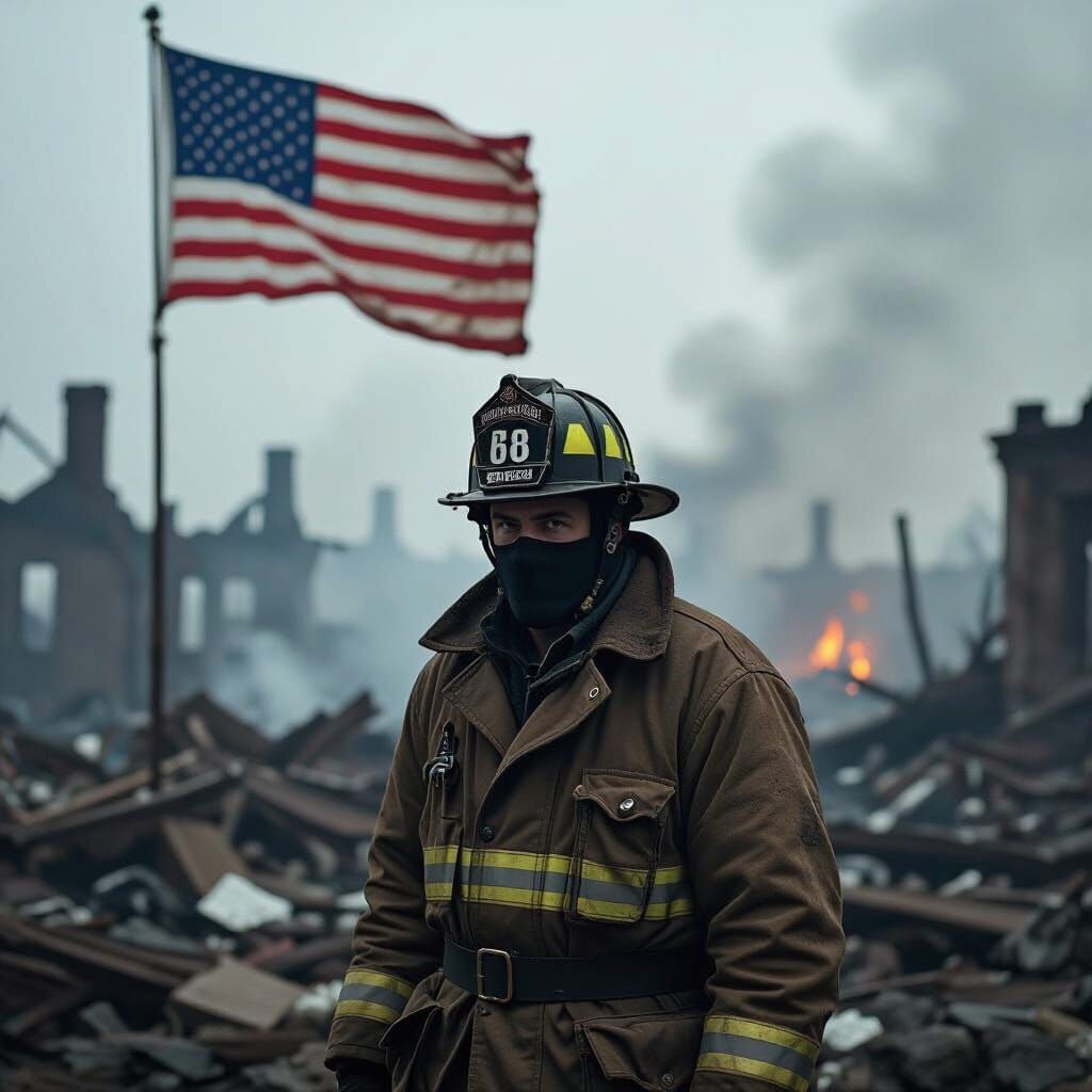 Solemn Firefighter Amidst 9/11 Ruins with American Flag