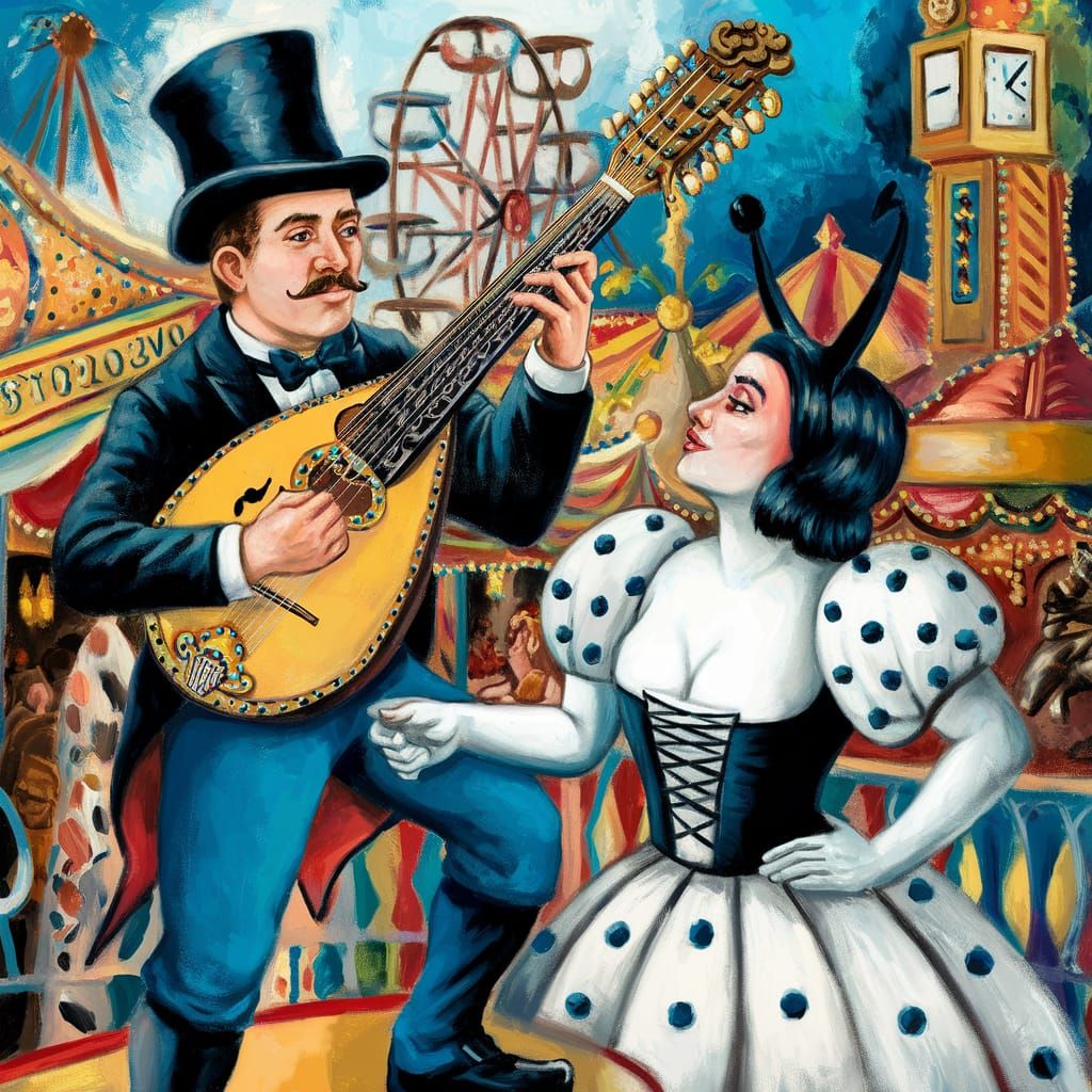 Vintage Carnival Scene with Musician and Dancer