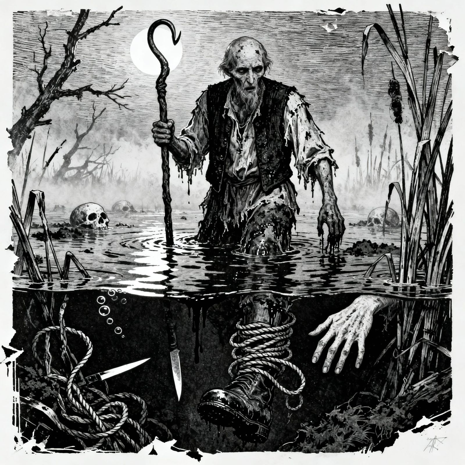 Bog Preacher in Moonlight, Woodcut Style