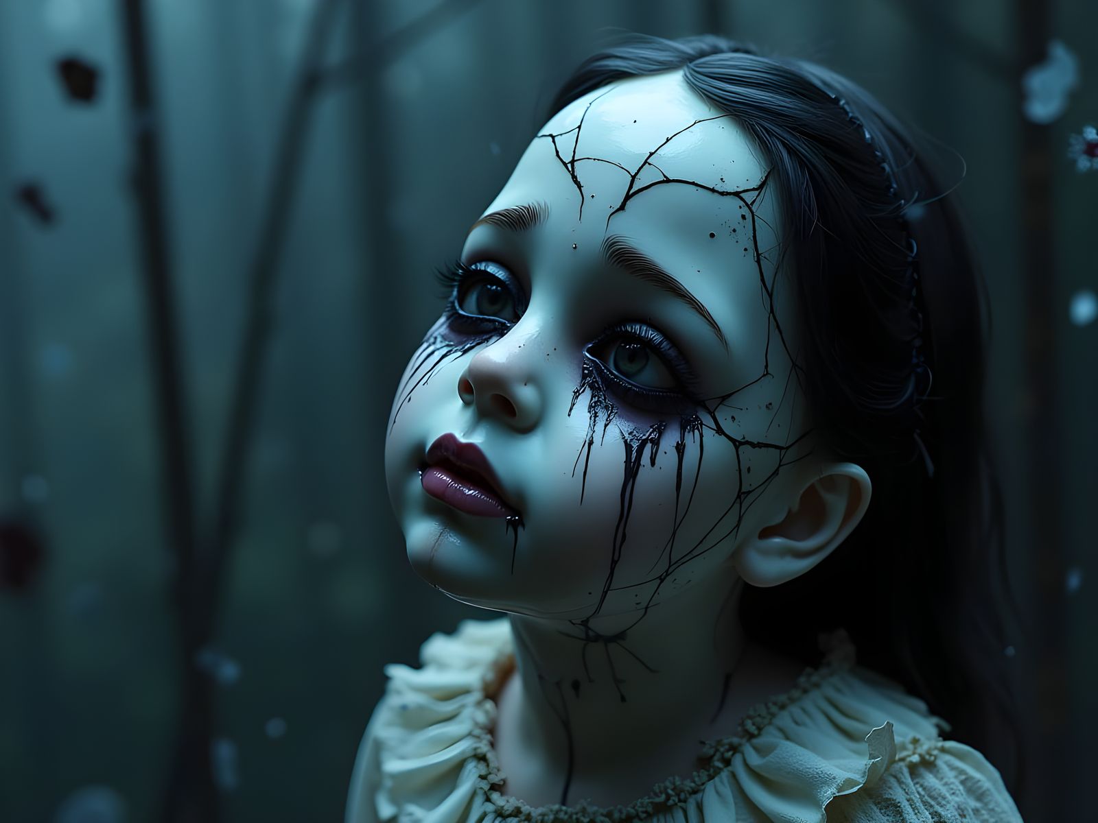 Cracked Porcelain Doll Weeps Ink in Misty Room