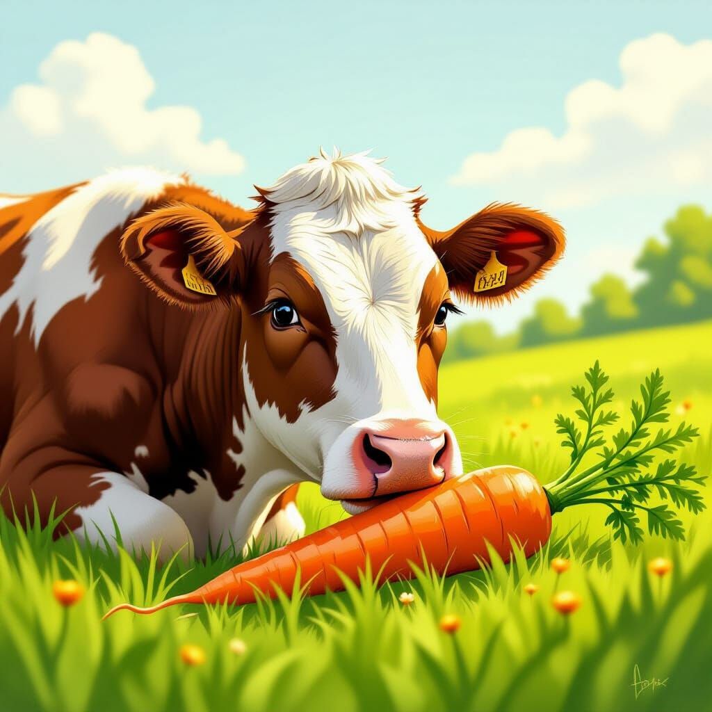 Whimsical Cow Eating Carrot in Golden Light