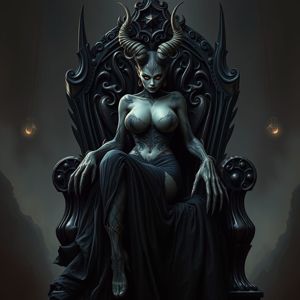 Regal Biomechanical Hybrid Goddess in Dark, Gothic Science F...