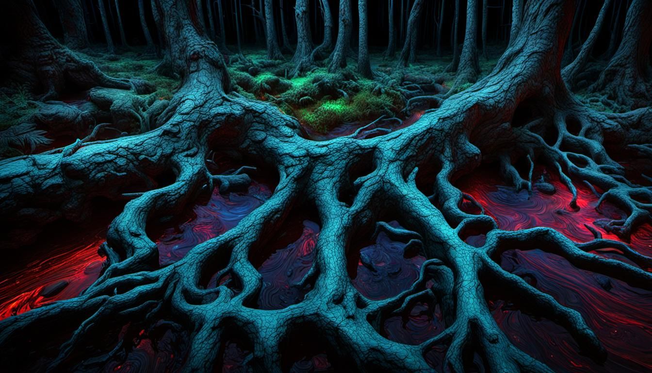 Mysterious Dark Forest with Glowing Liquid Trunk and Mercury...