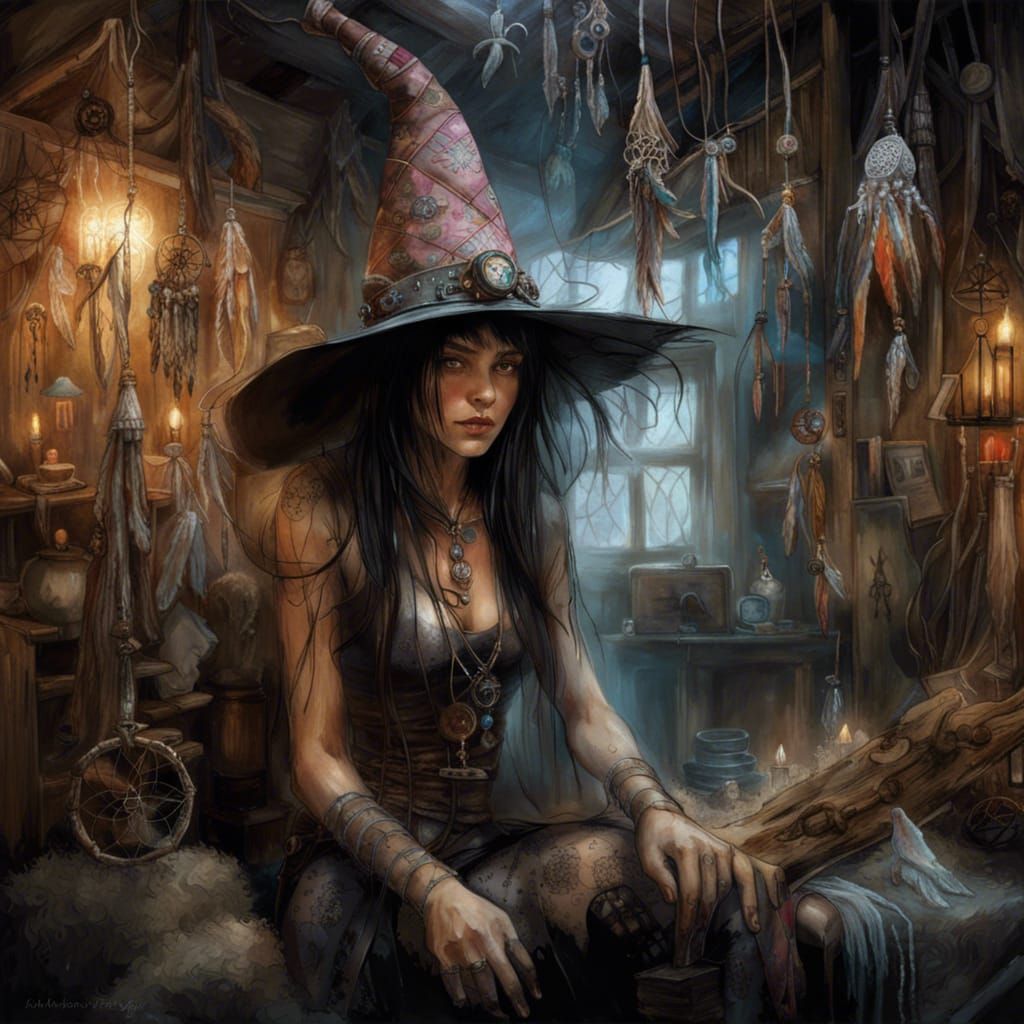 Ethereal Fairy Tale Witch in a Colorful Cluttered Hut