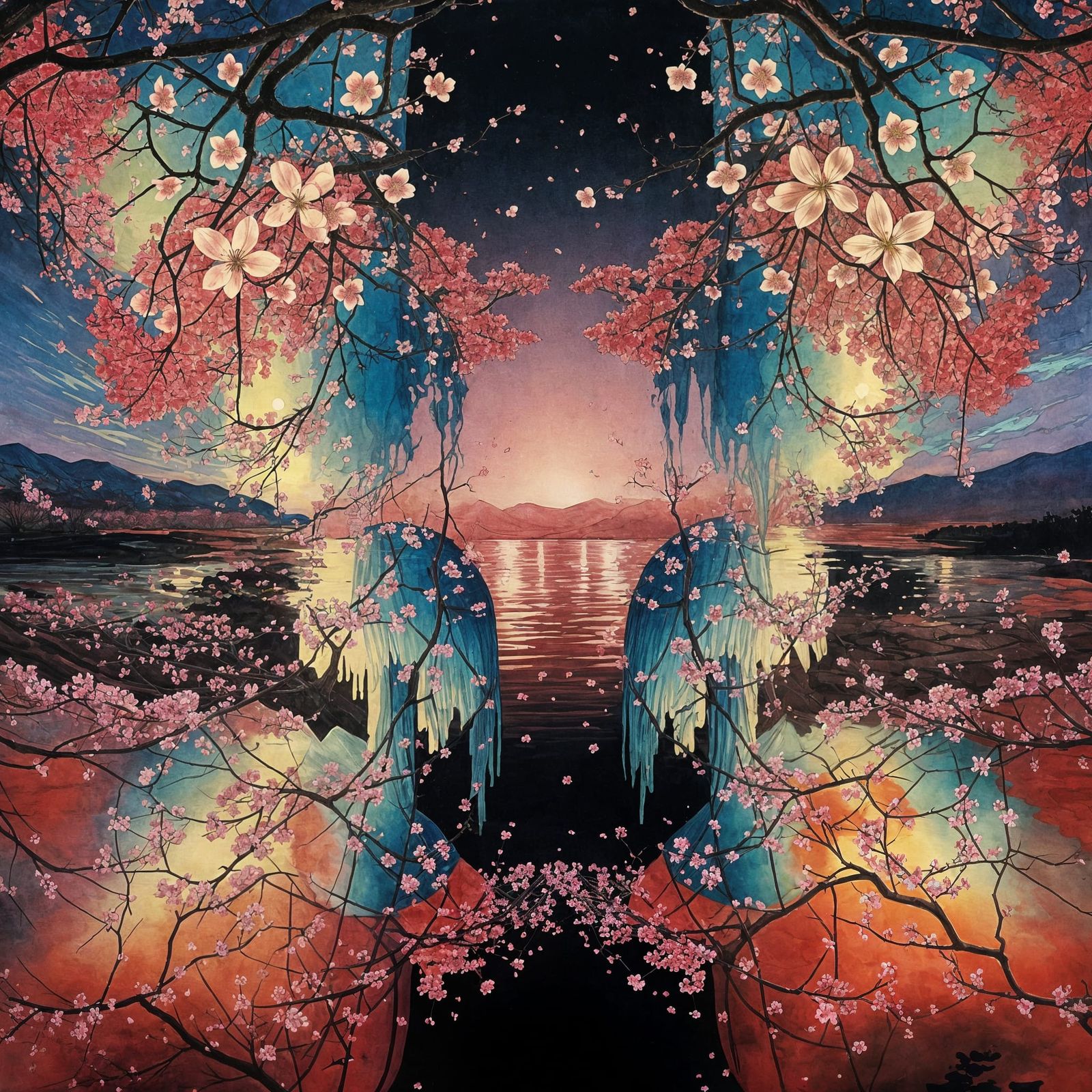 Surreal Cherry Blossom Landscape in Soft Watercolour Style