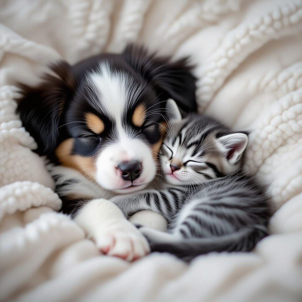 Puppy and Kitten Snuggled in Black and White Film Style