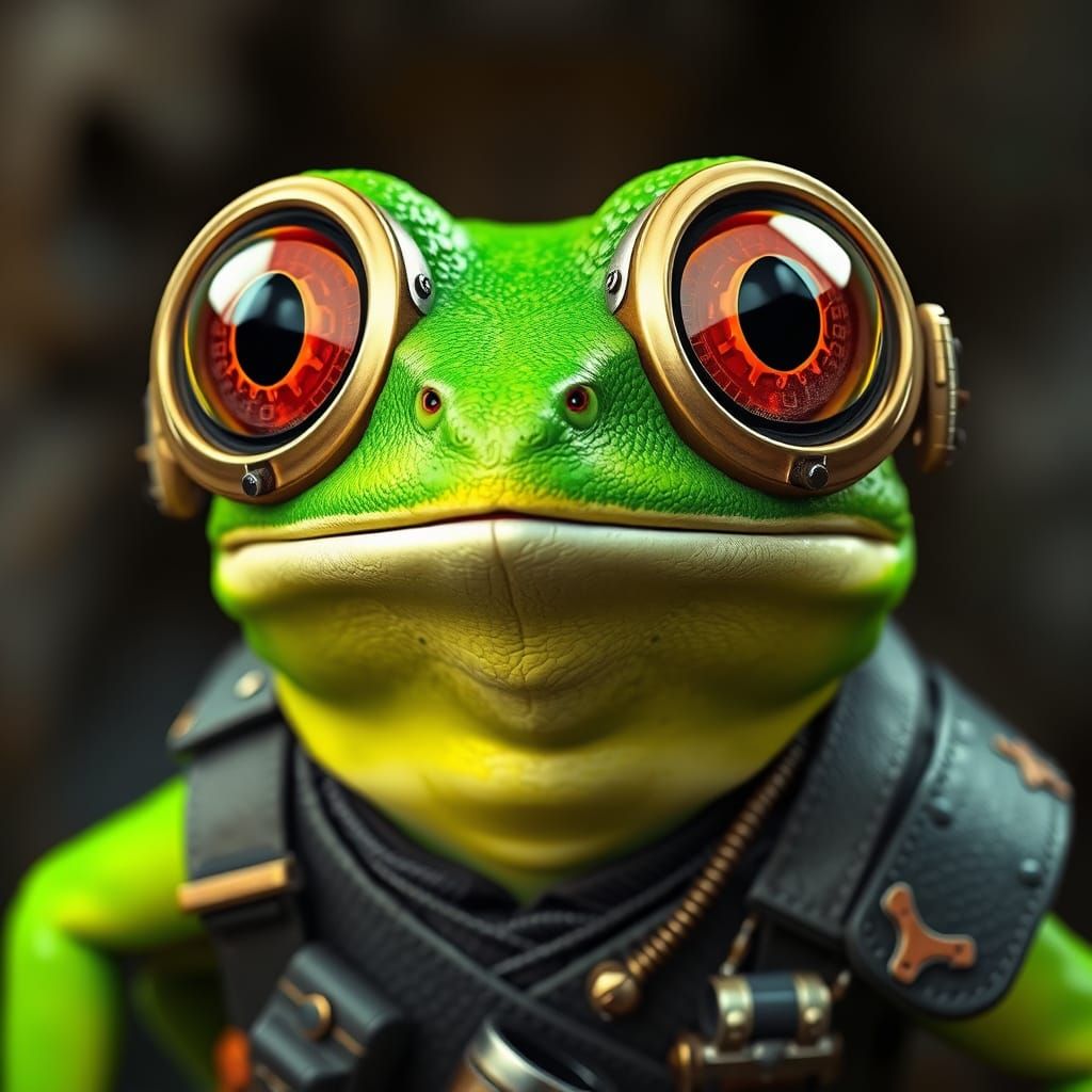 a 3D-rendered image of a frog wearing steampunk-style goggles and attire. The frog should be a bright green, with a real...
