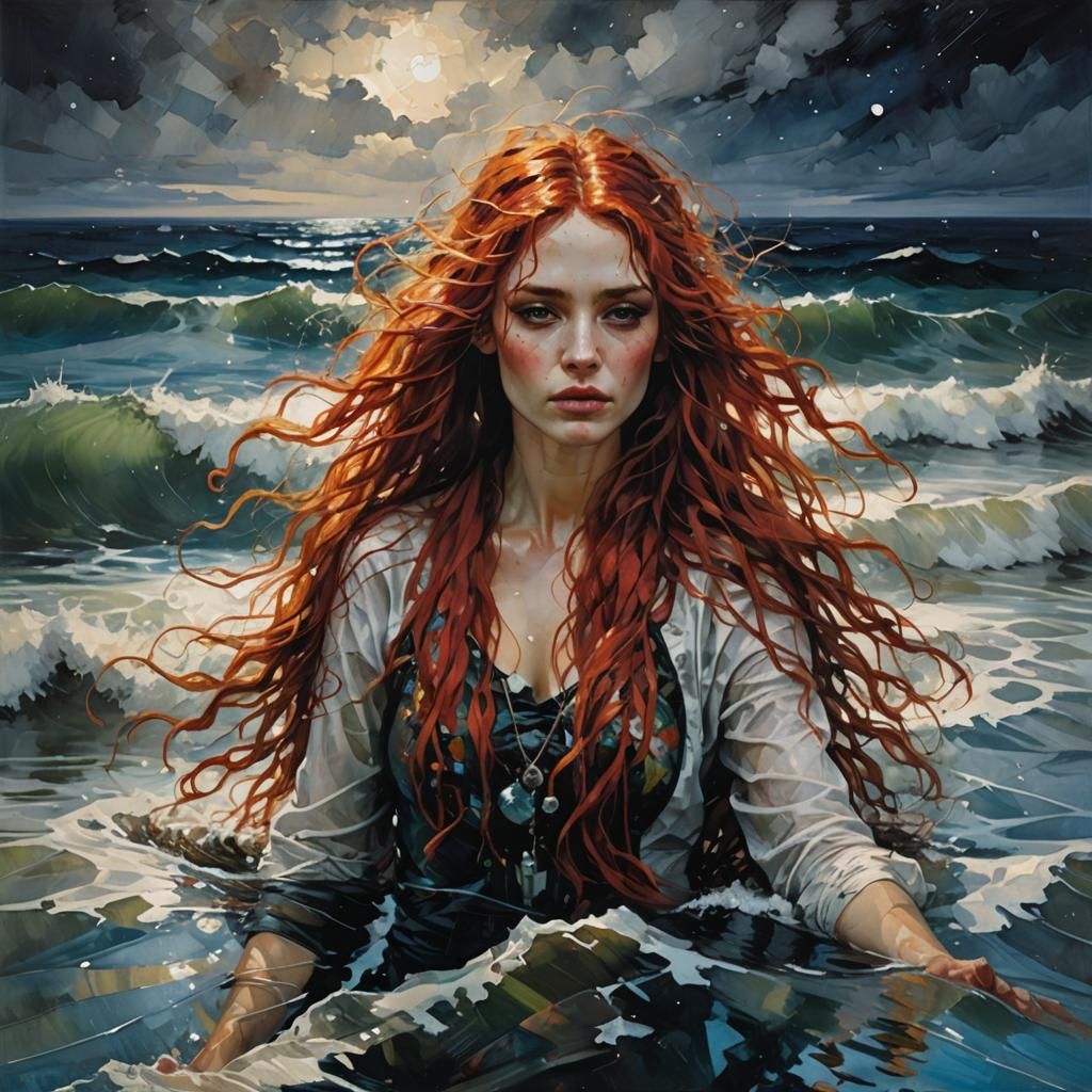 Norse Goddess in Cubist Expressionism Splashes into a Stormy...