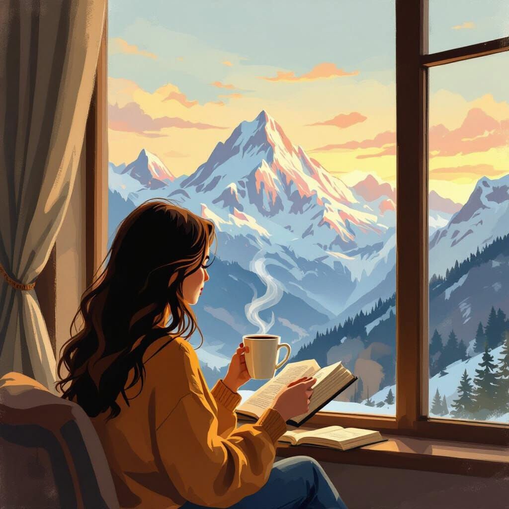 Woman Reading by Window with Mountain View, Storybook Style