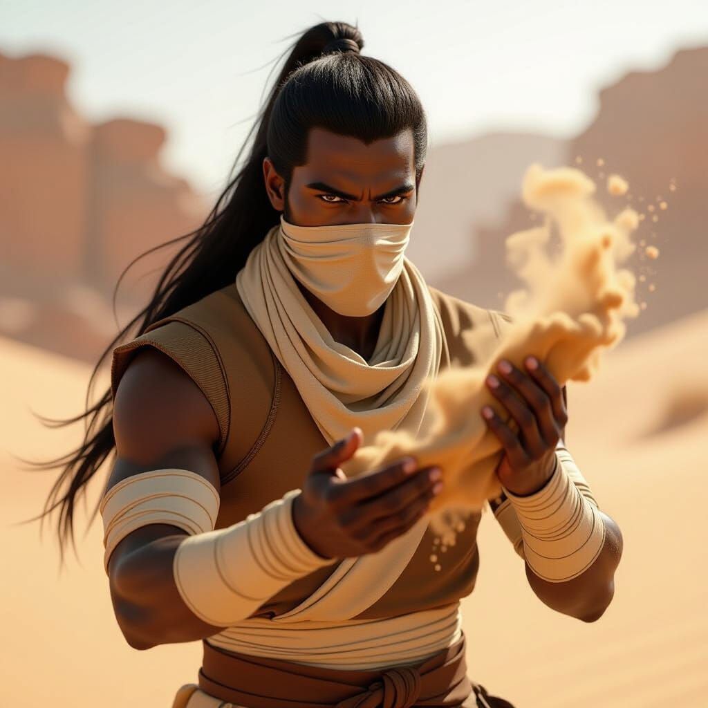 Realistic Black Man Sandbending in Desert