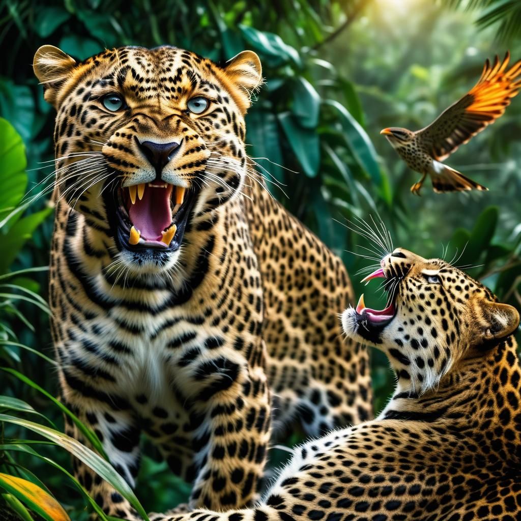 Leopard Confronts Bird in Hyperrealistic Jungle Scene