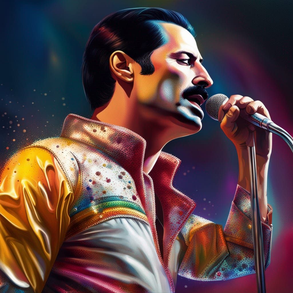 Hyperrealistic Portrait of Freddie Mercury in Vibrant Splash...